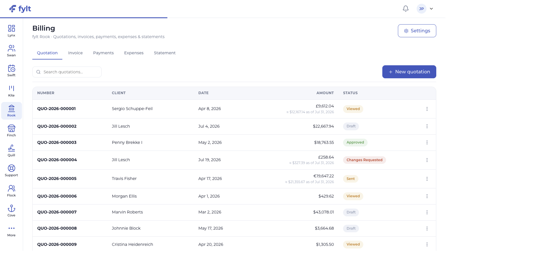 A real invoice inside fylt Rook, with live status and currency conversion