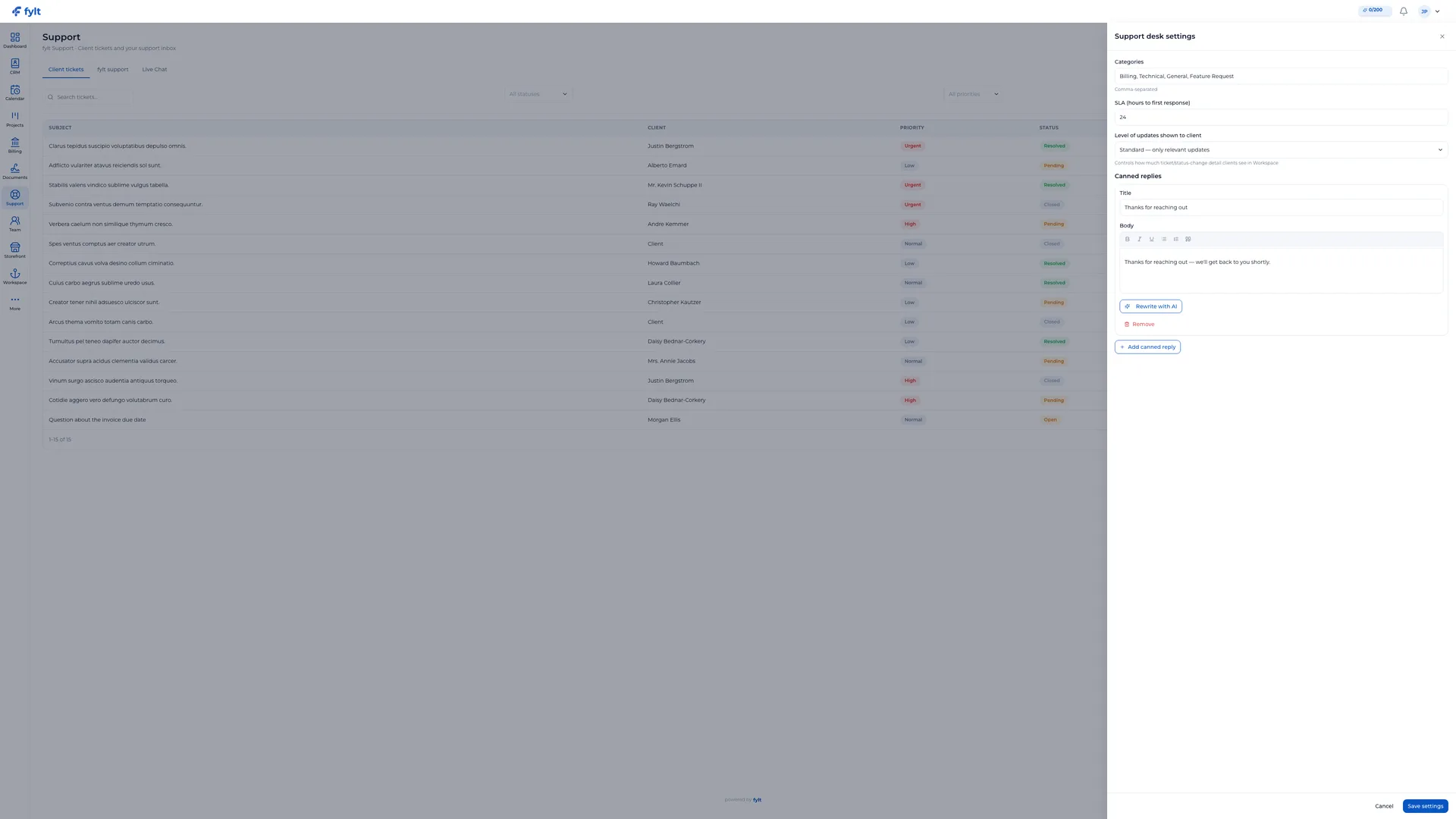 fylt Support desk settings with categories, SLA, client update level, and canned reply controls
