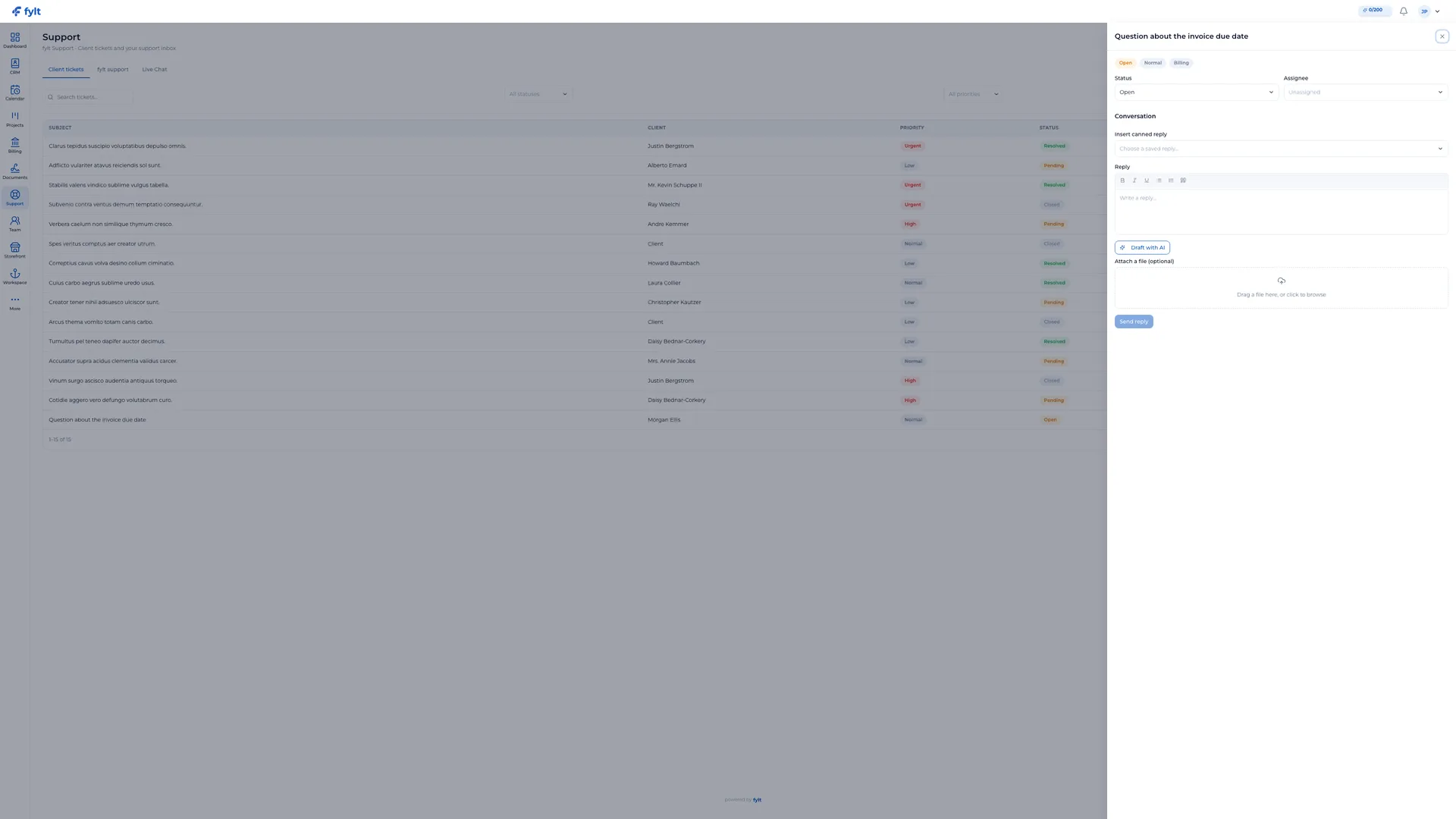 fylt Support ticket drawer with status, assignee, canned reply, rich text reply, AI drafting, attachment, and send controls